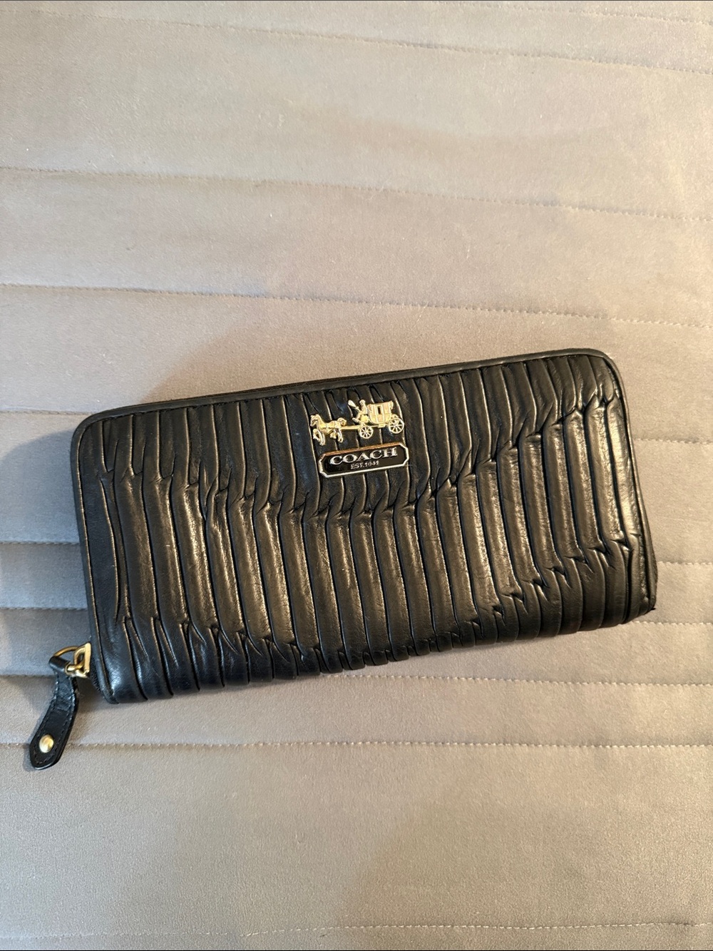 Coach Black Quilted Zip-Around Wallet with Gold Logo